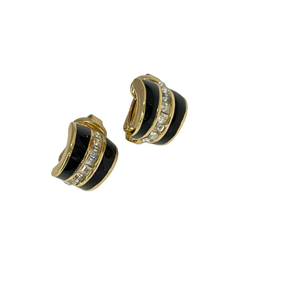Christian Dior Clip On Earrings Gold Black Clear Hardware Rhinestones